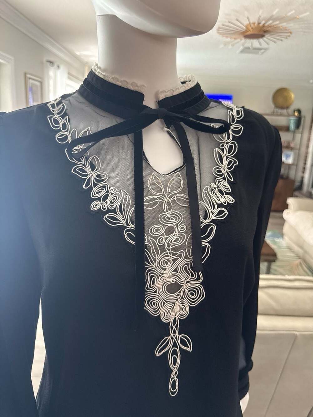 Mocha Apparel M|2 Black Victorian Style Blouse with Mesh Floral Embroidery and V